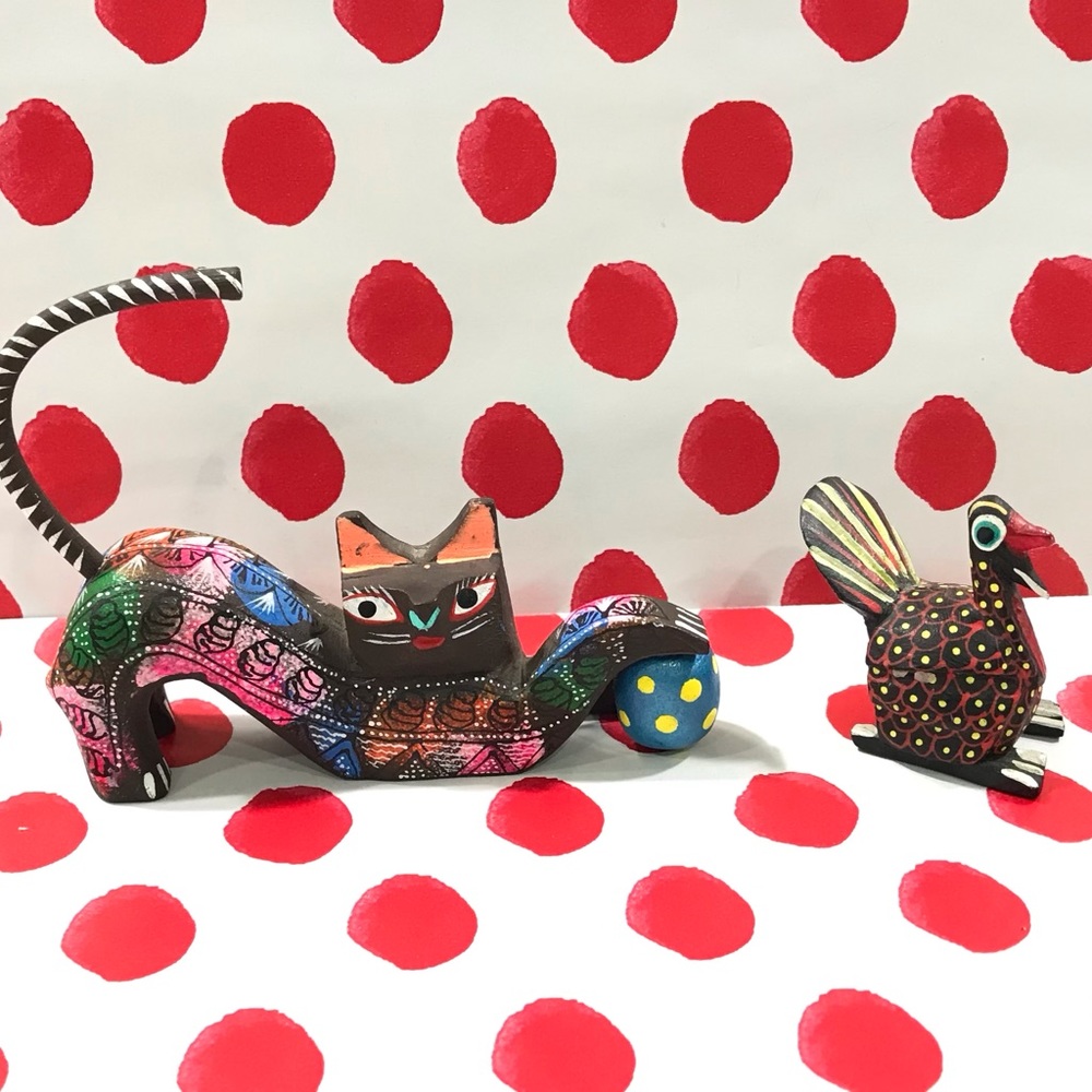 Vintage Folk Art Alebrije Colorful Wooden Carved Cat and Turkey